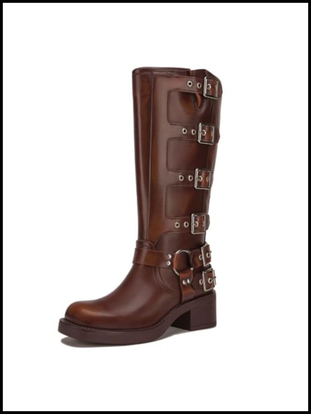 Women's Knee High Riding Boots PU Leather Buckle Biker Chunky Block Heel